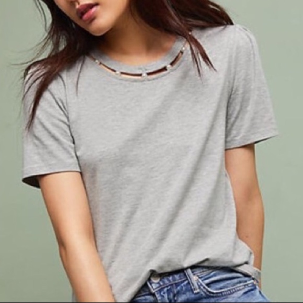 Anthro Postmark Pearl Cutout Grey Short Sleeve Top - Picture 1 of 6
